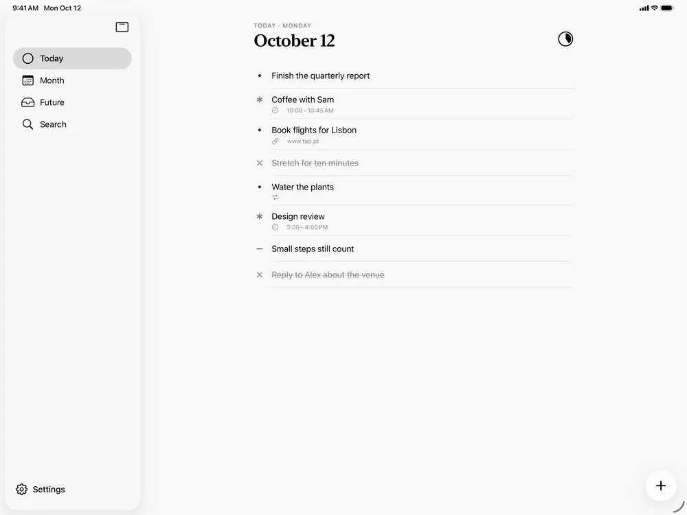 The Today page with tasks, events and a note, two of them completed