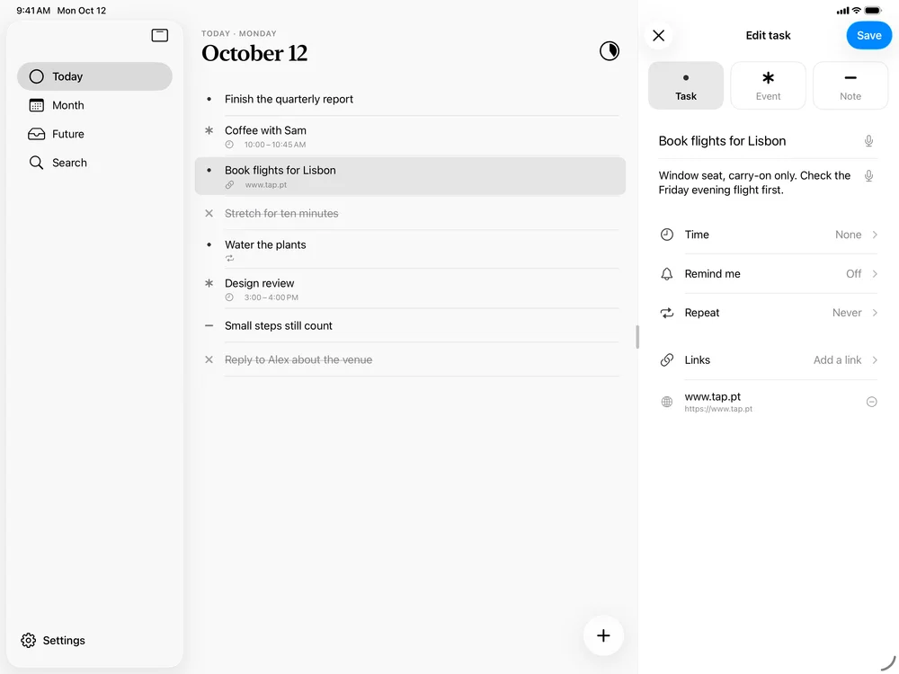 Editing a task with a description, a time, a reminder and a link