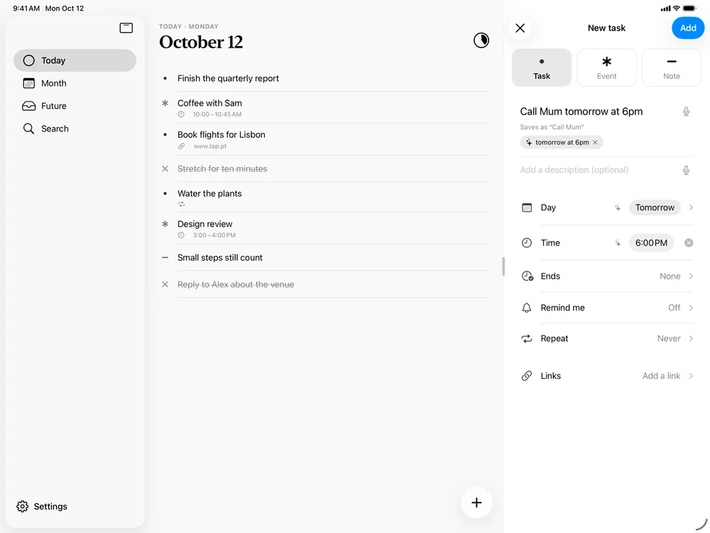 Adding a task while DotLog picks out tomorrow at 6pm as its day and time