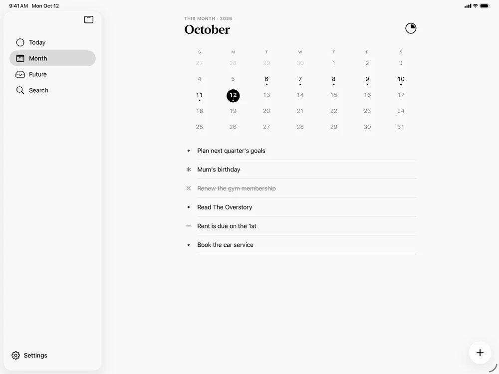 The month page with a calendar and the month’s goals
