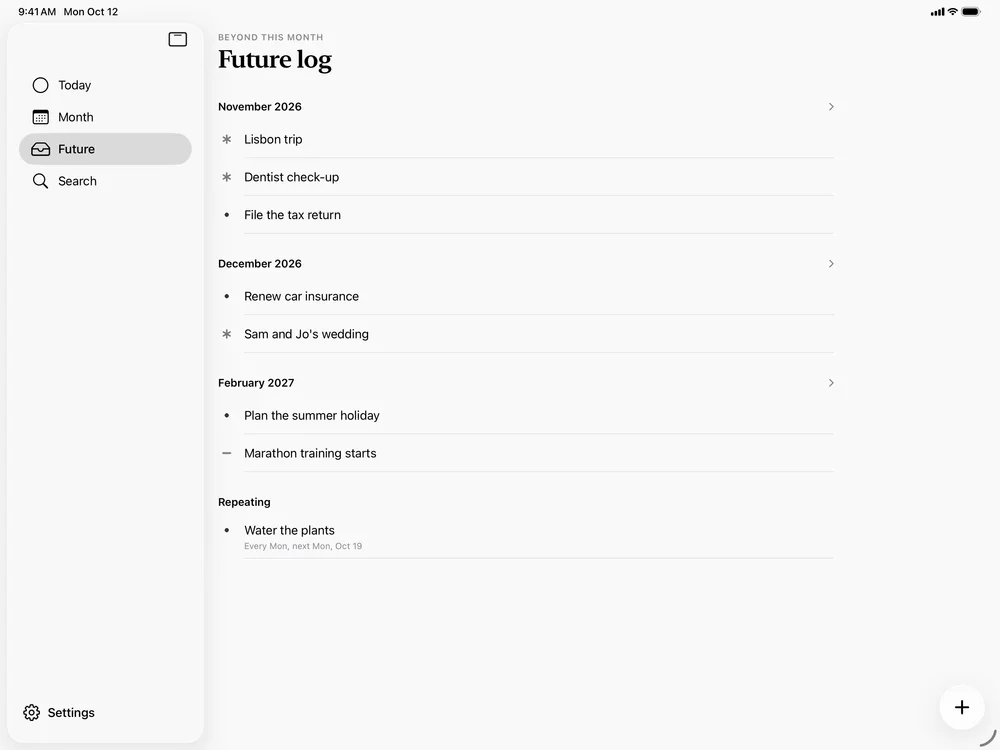 The future log grouped by month, with repeating tasks at the end