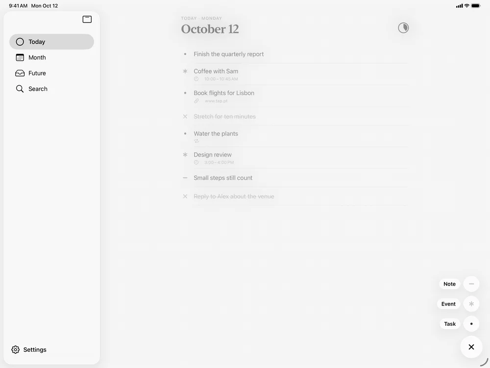 The add menu offering a task, an event or a note