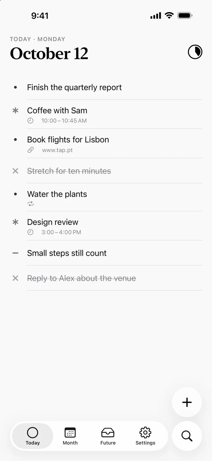 The Today page with tasks, events and a note, two of them completed