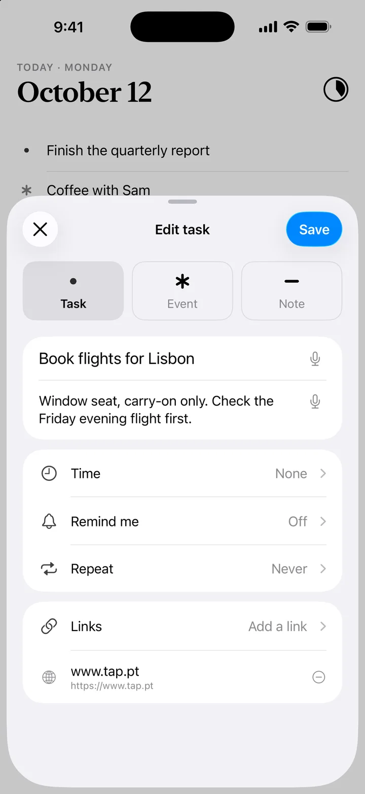 Editing a task with a description, a time, a reminder and a link