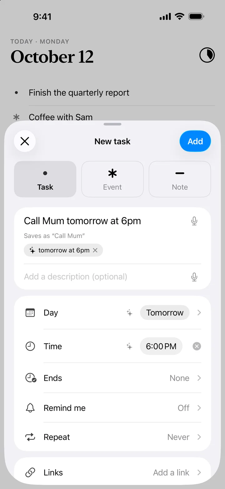 Adding a task while DotLog picks out tomorrow at 6pm as its day and time