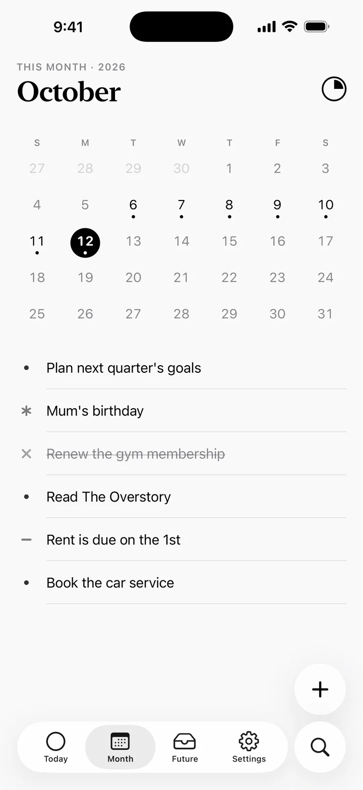 The month page with a calendar and the month’s goals