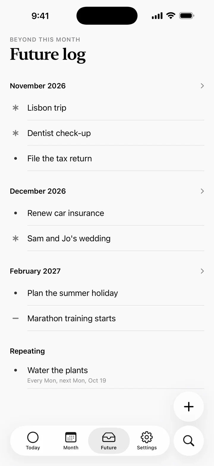 The future log grouped by month, with repeating tasks at the end
