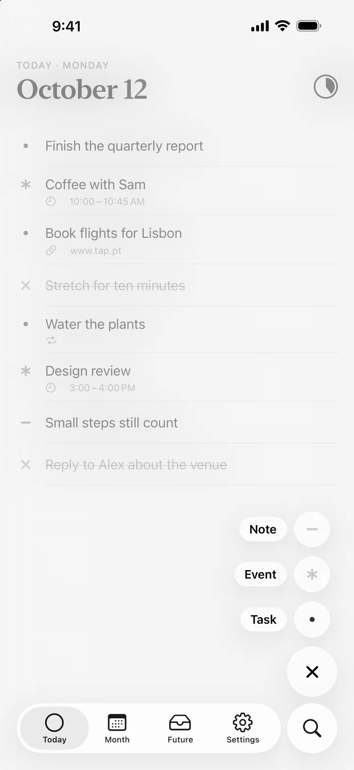 The add menu offering a task, an event or a note