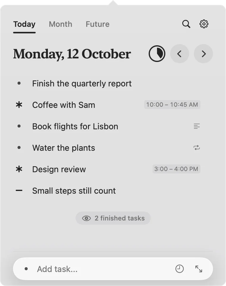 The DotLog menu bar panel showing today’s tasks and events