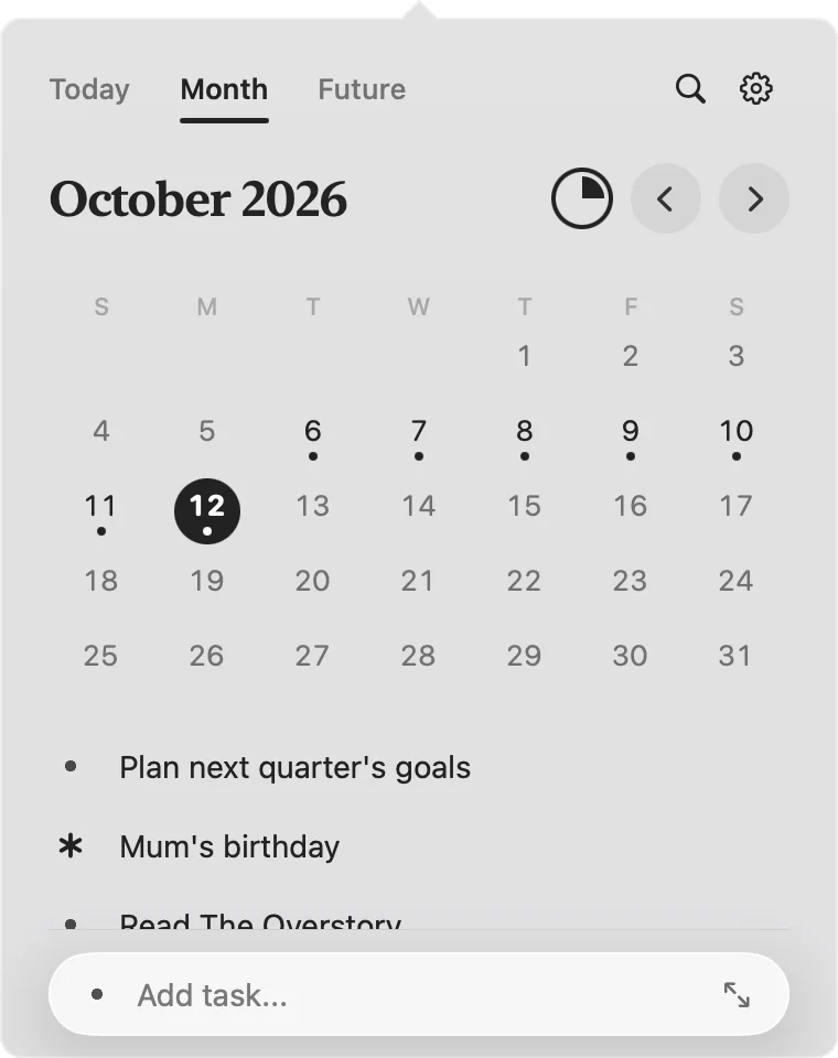 The menu bar panel showing the October calendar and the month’s goals