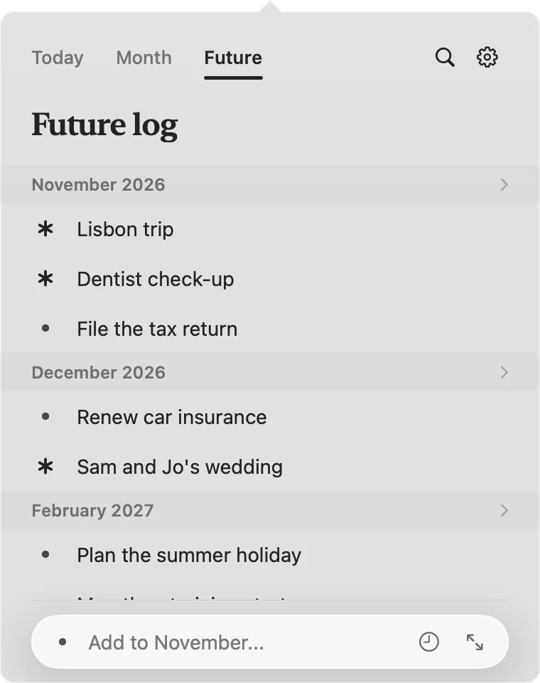 The menu bar panel showing the future log grouped by month